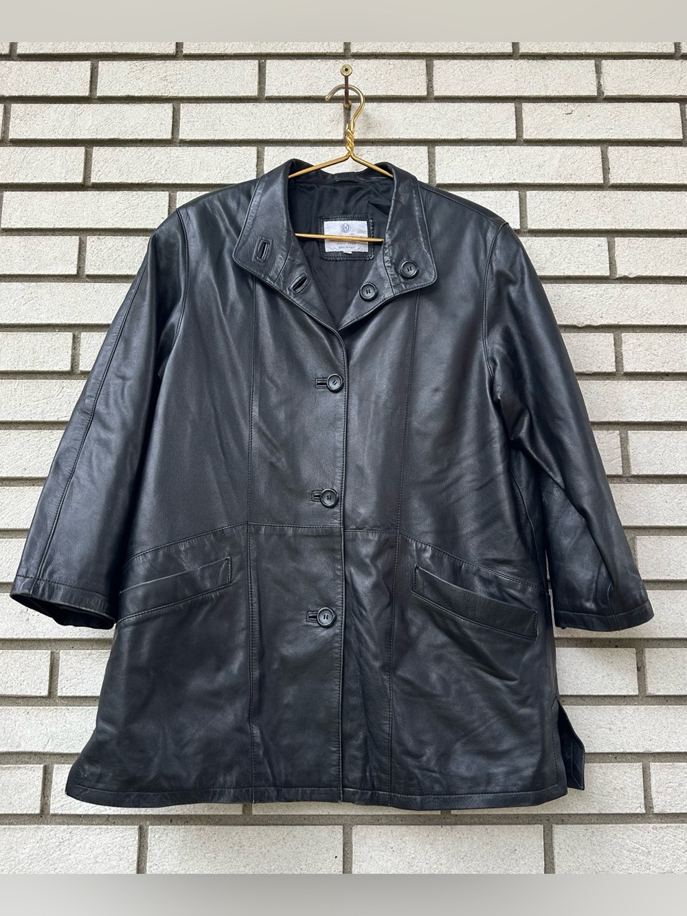 Michelangelo Vintage Black Leather Car Coat Jacket Italy 40 US 4 Minimalist